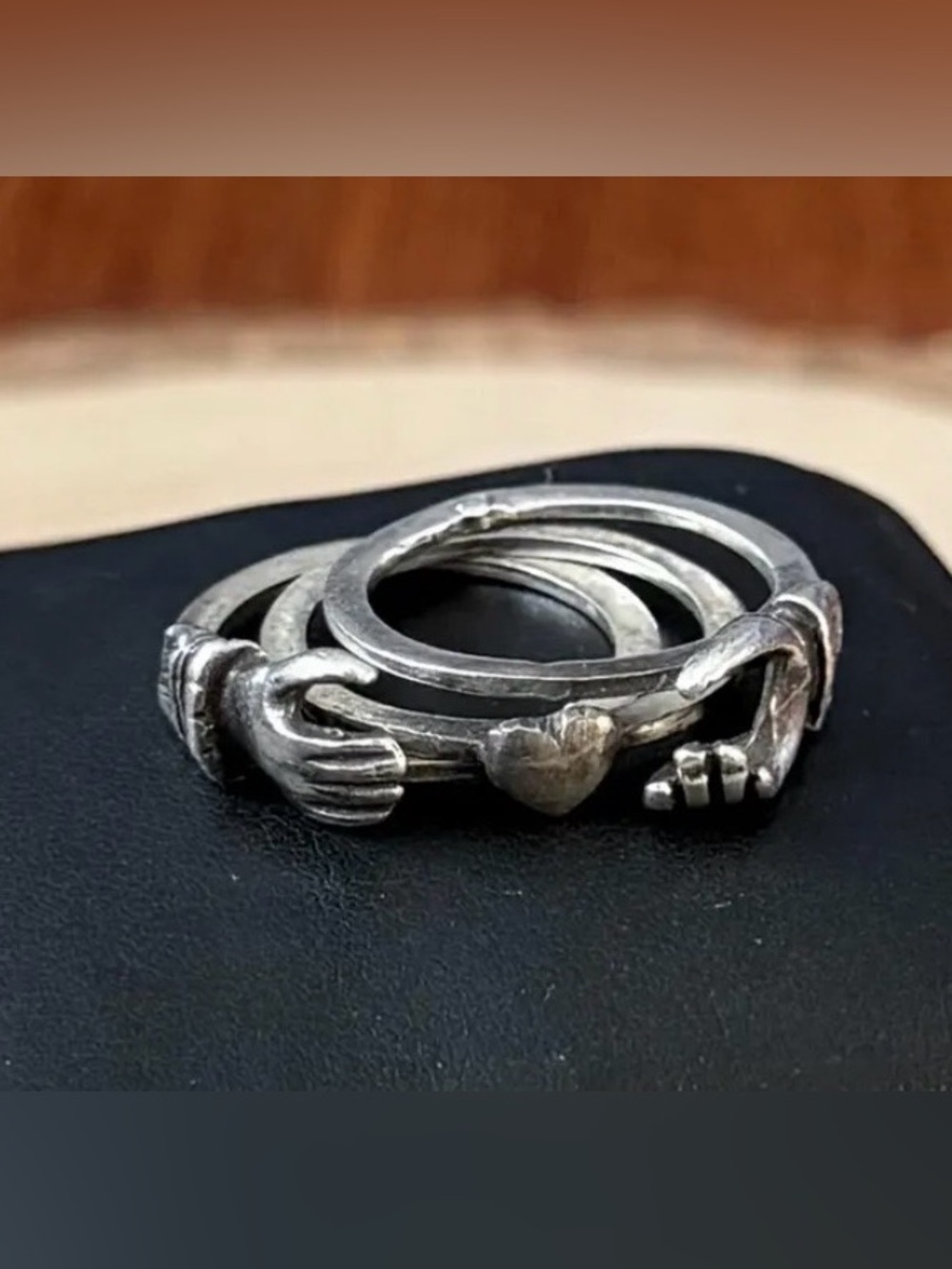 Sterling Silver Victorian Interlocking Rings - Silver Heart & Hands